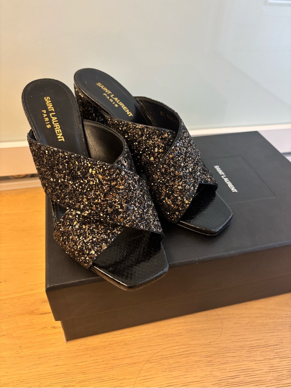 Saint Laurent Black and Gold Glitter Crisscross Mule Heels